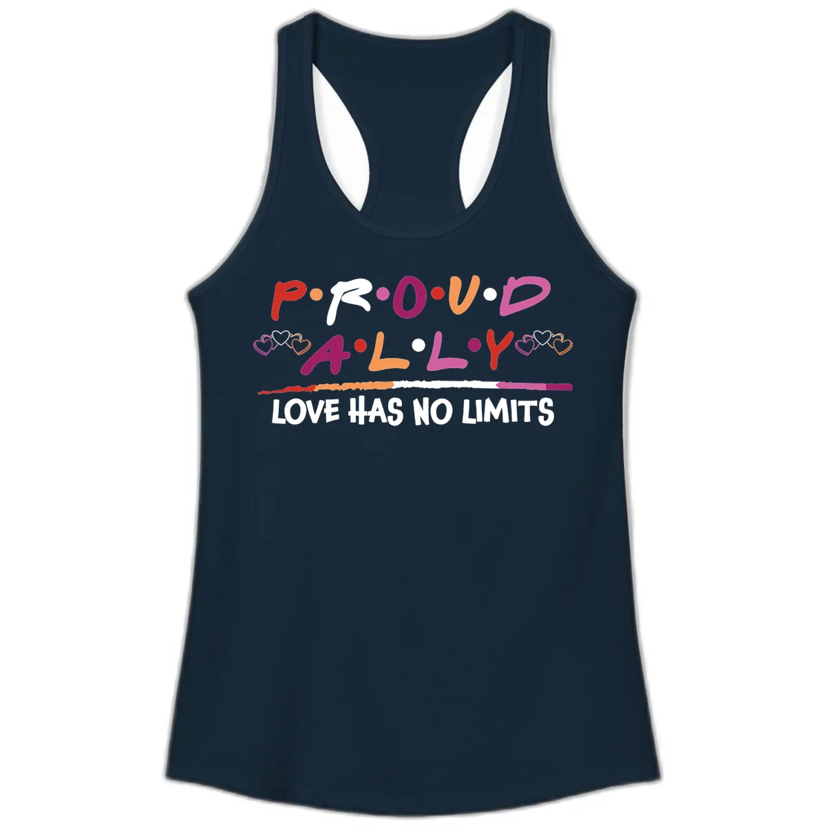 Proud ally pride design with multicolored 'P.ROUD.ALLY' text, decorative hearts, rainbow gradient line, and 'LOVE HAS NO LIMITS' message in Solid Midnight Navy