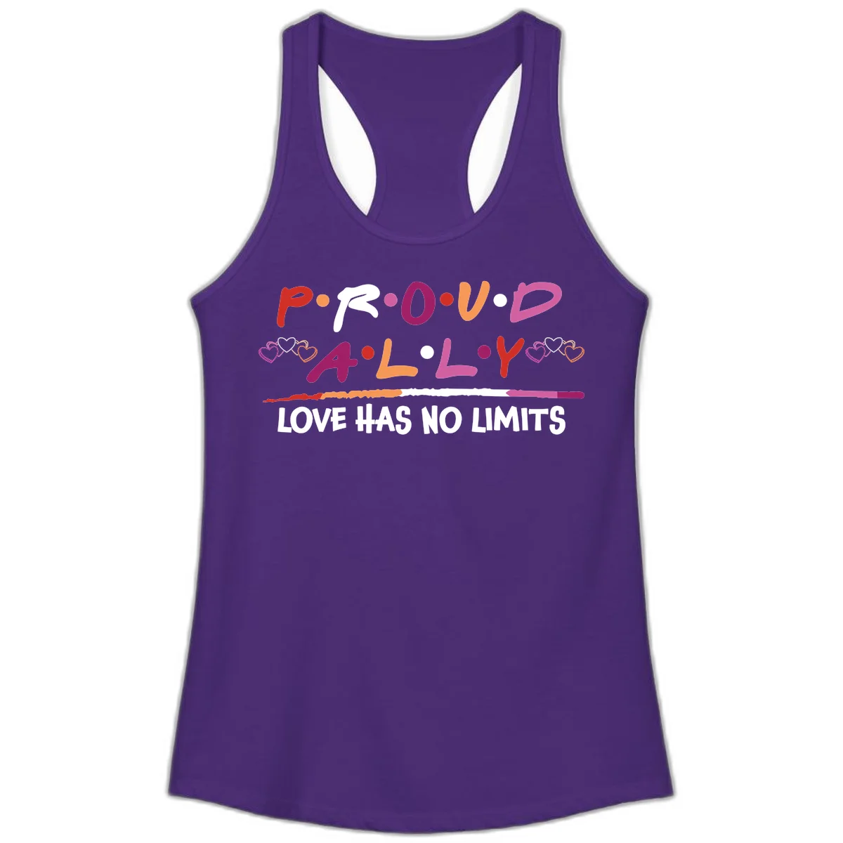 Proud ally pride design with multicolored 'P.ROUD.ALLY' text, decorative hearts, rainbow gradient line, and 'LOVE HAS NO LIMITS' message in Solid Purple Rush