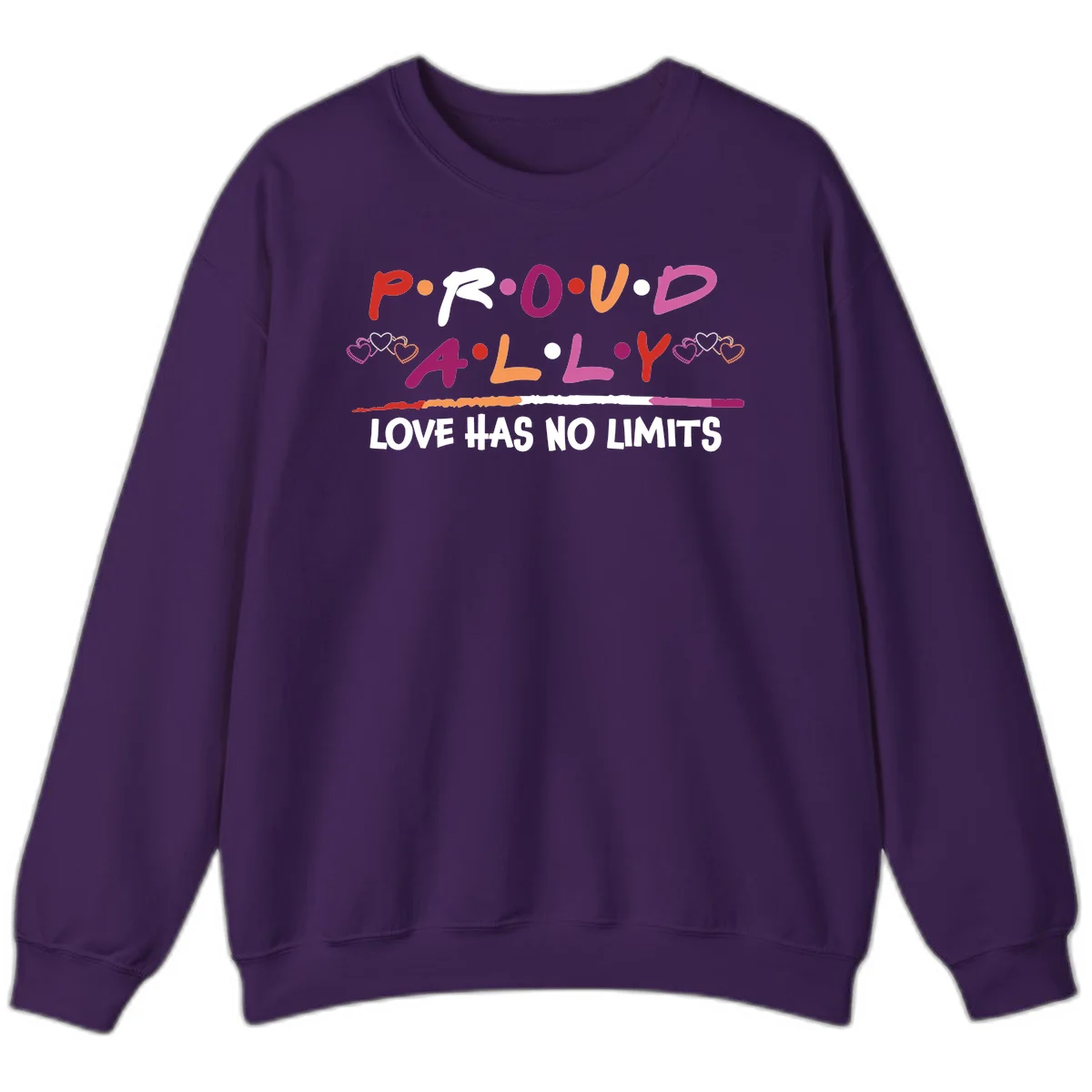 Proud ally pride design with multicolored 'P.ROUD.ALLY' text, decorative hearts, rainbow gradient line, and 'LOVE HAS NO LIMITS' message in Purple