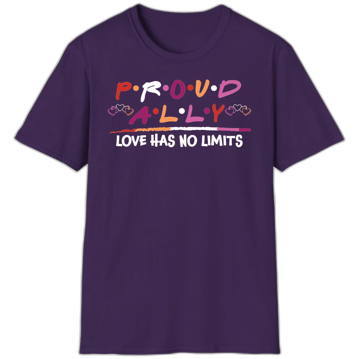Proud ally pride design with multicolored 'P.ROUD.ALLY' text, decorative hearts, rainbow gradient line, and 'LOVE HAS NO LIMITS' message in Purple