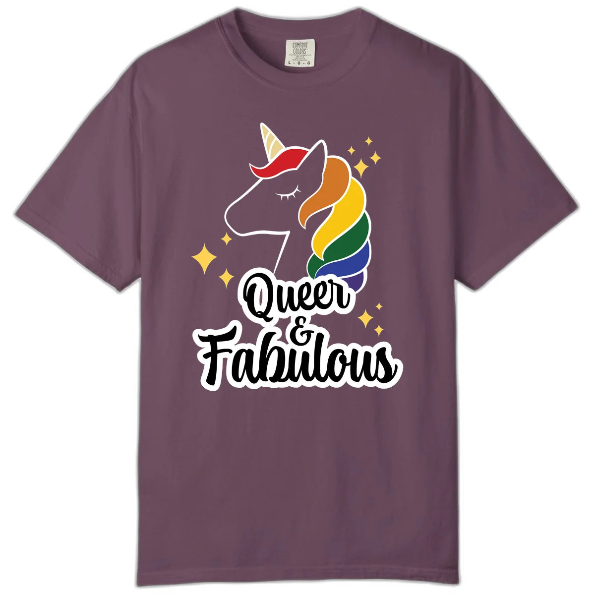 Queen and Fabulous unicorn with rainbow mane and gold horn, surrounded by stars in Berry