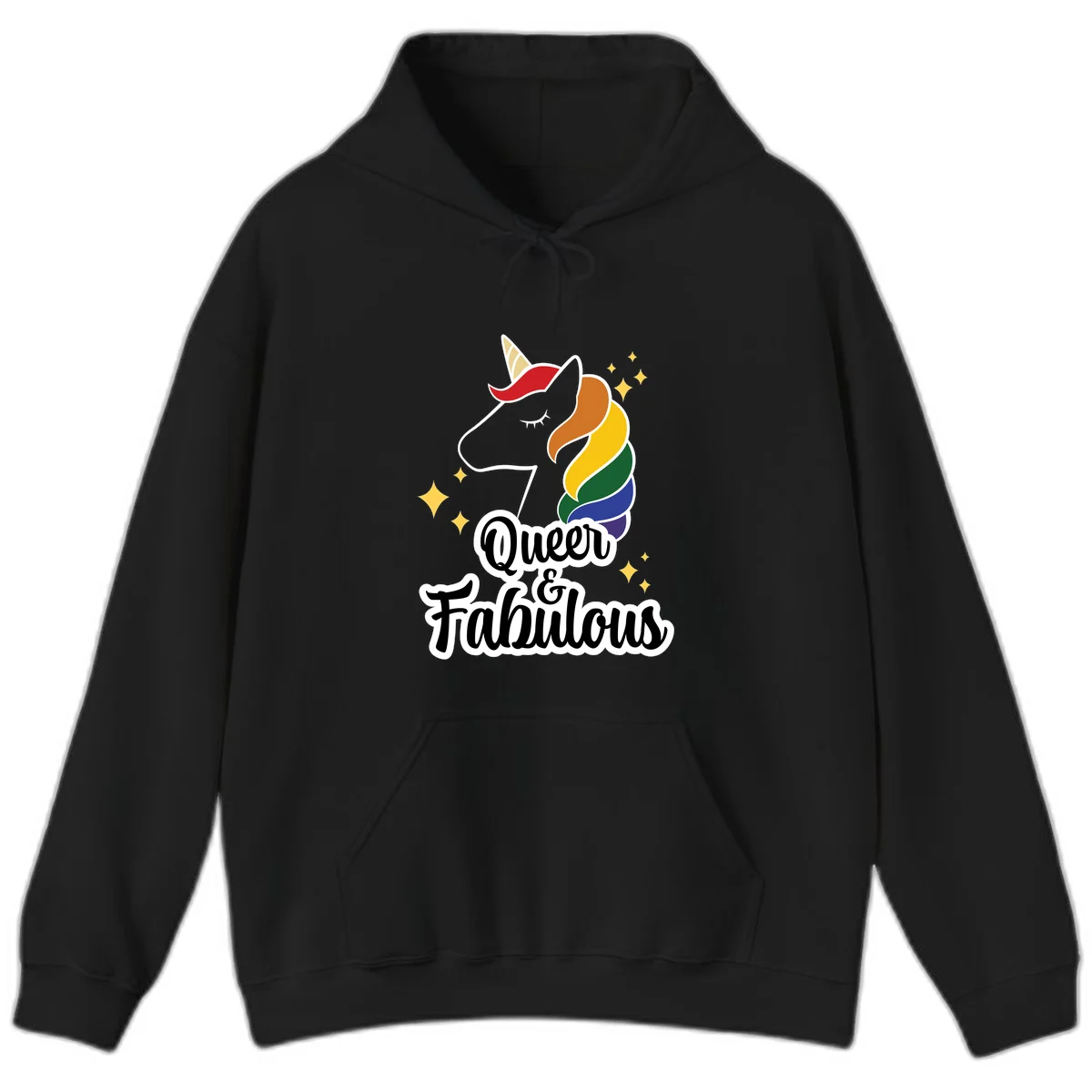Queen and Fabulous unicorn with rainbow mane and gold horn, surrounded by stars in Black