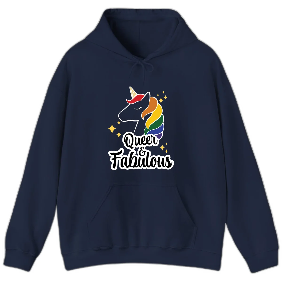 Queen and Fabulous unicorn with rainbow mane and gold horn, surrounded by stars in Navy