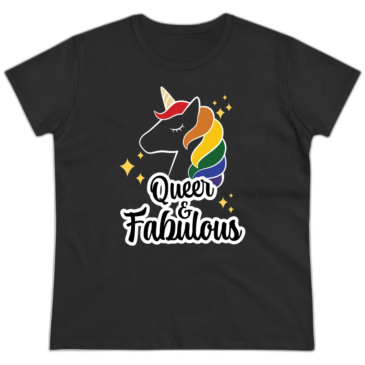 Queen and Fabulous unicorn with rainbow mane and gold horn, surrounded by stars in Black