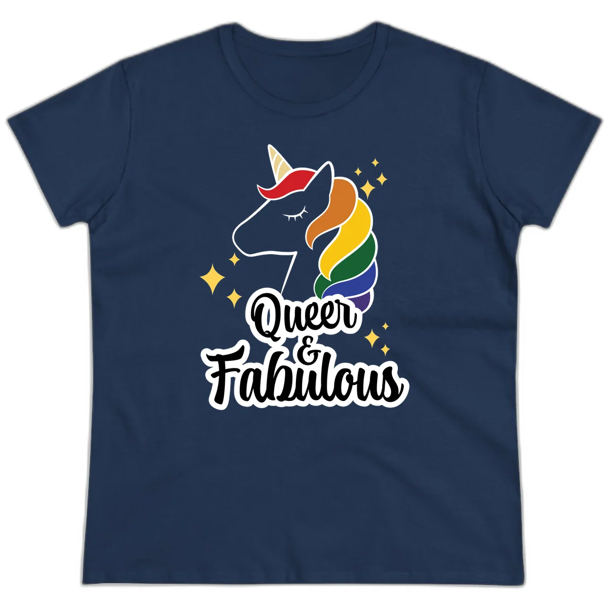 Queen and Fabulous unicorn with rainbow mane and gold horn, surrounded by stars in Navy