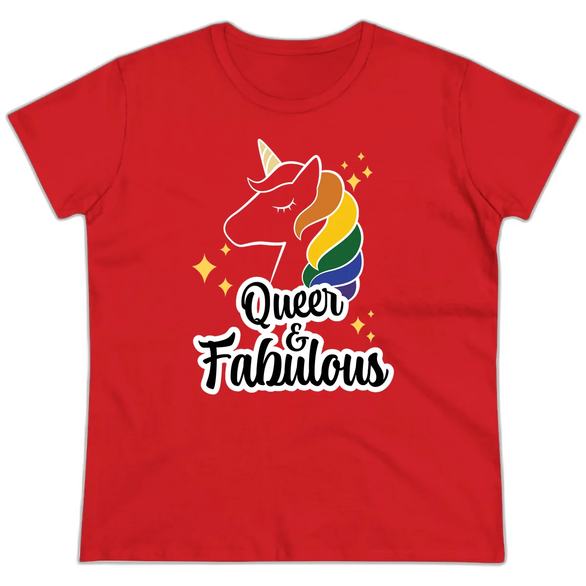 Queen and Fabulous unicorn with rainbow mane and gold horn, surrounded by stars in Red