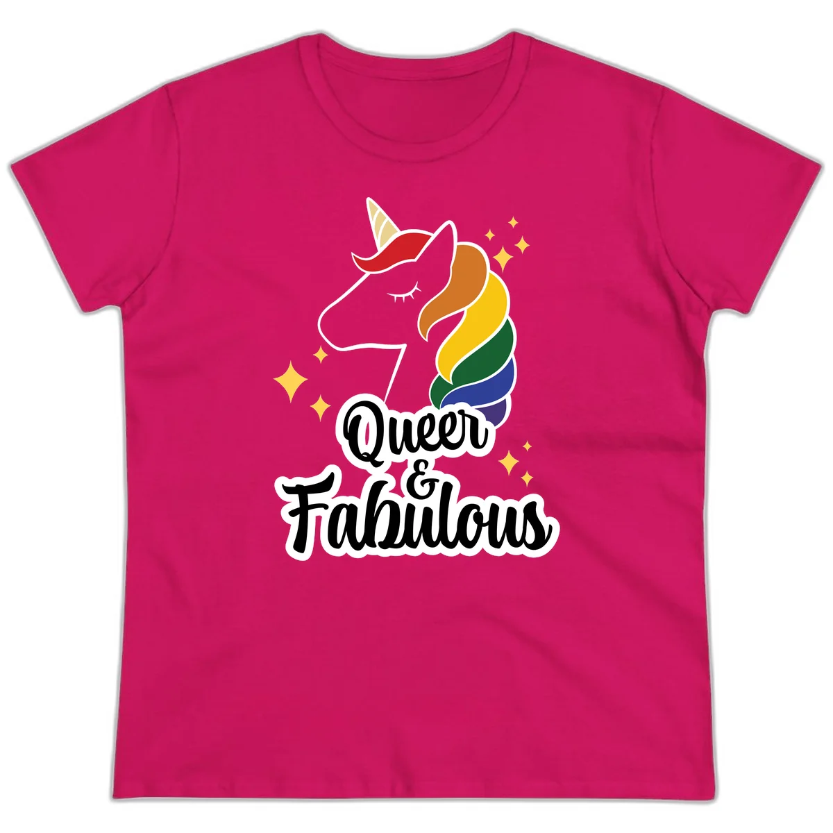Queen and Fabulous unicorn with rainbow mane and gold horn, surrounded by stars in Heliconia