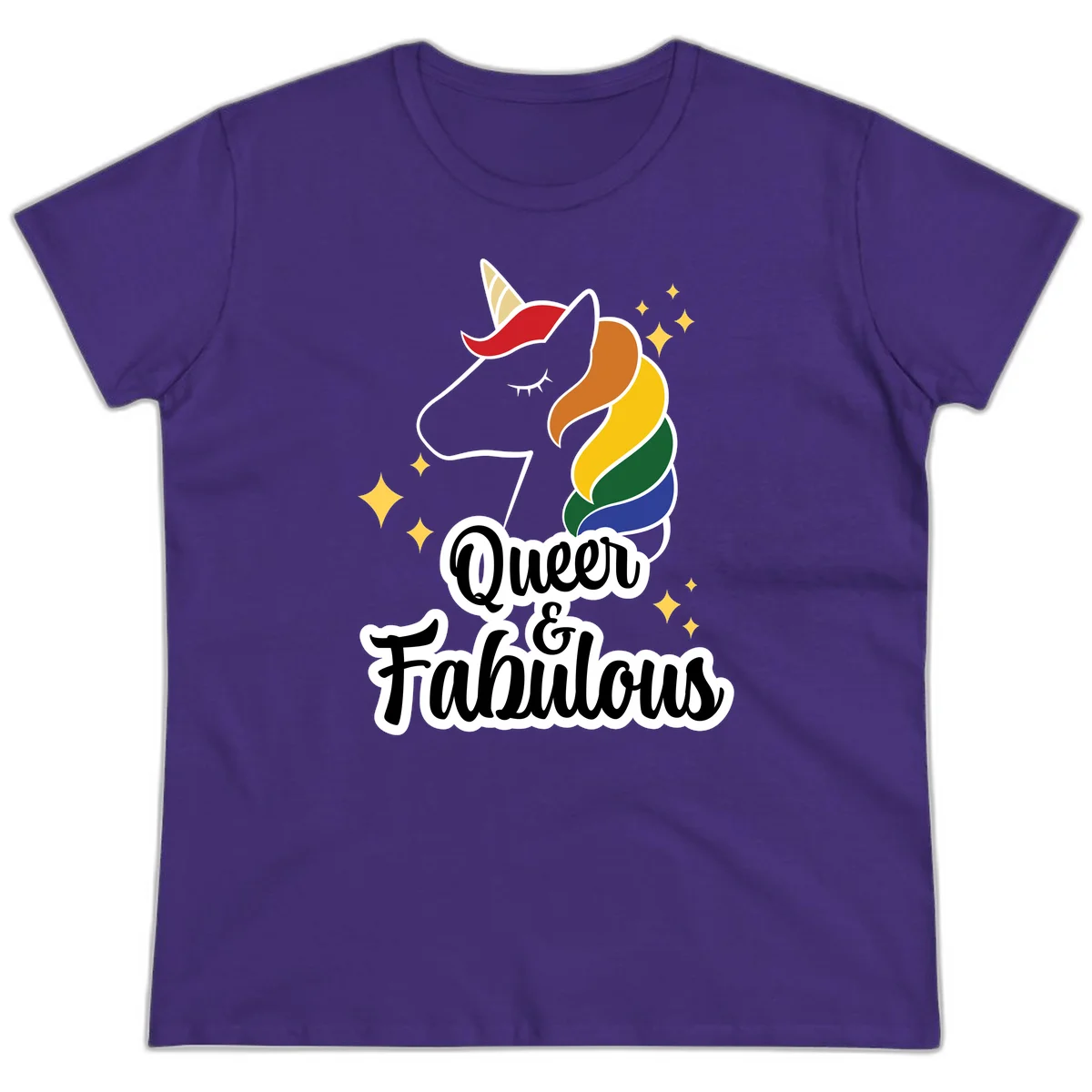Queen and Fabulous unicorn with rainbow mane and gold horn, surrounded by stars in Purple