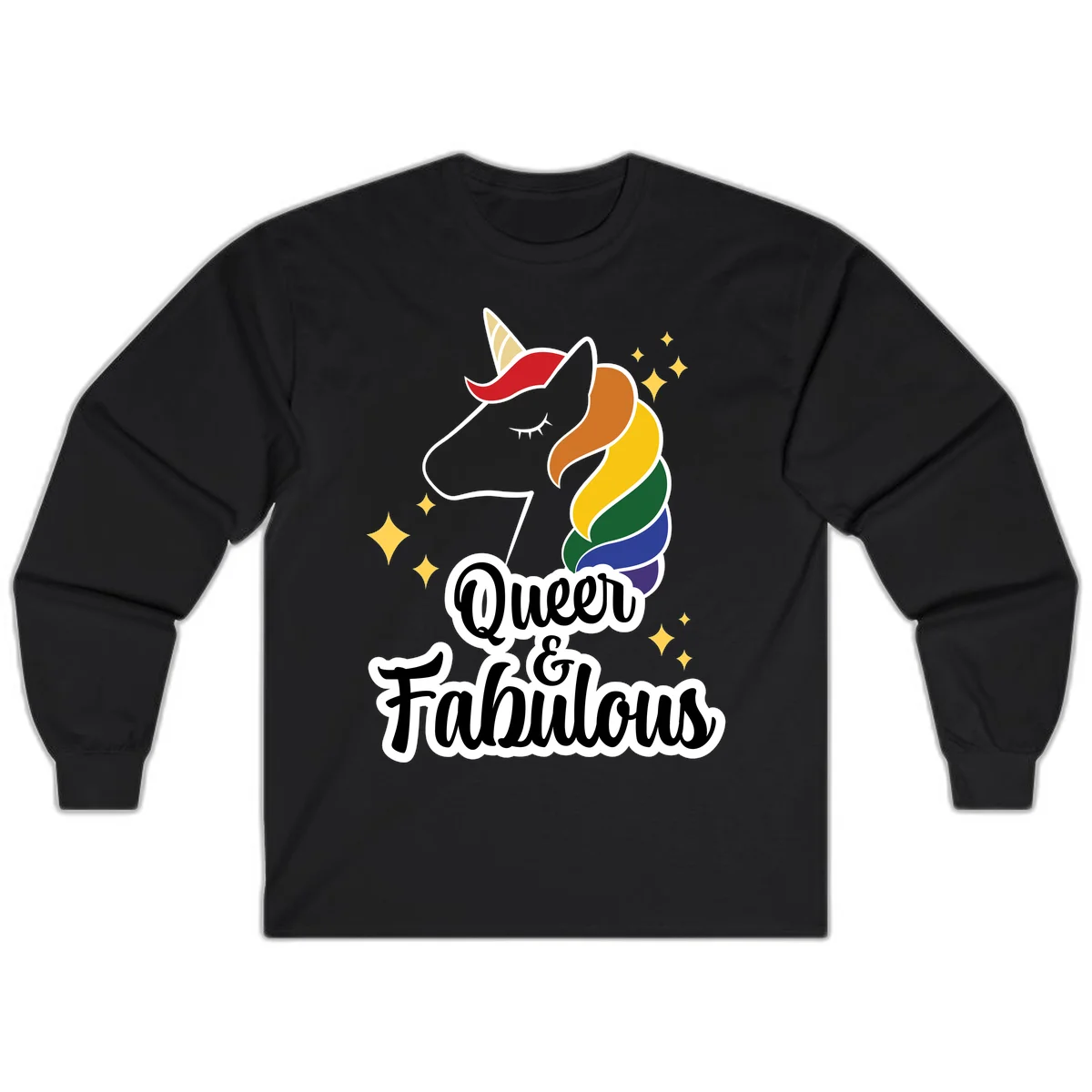Queen and Fabulous unicorn with rainbow mane and gold horn, surrounded by stars in Black