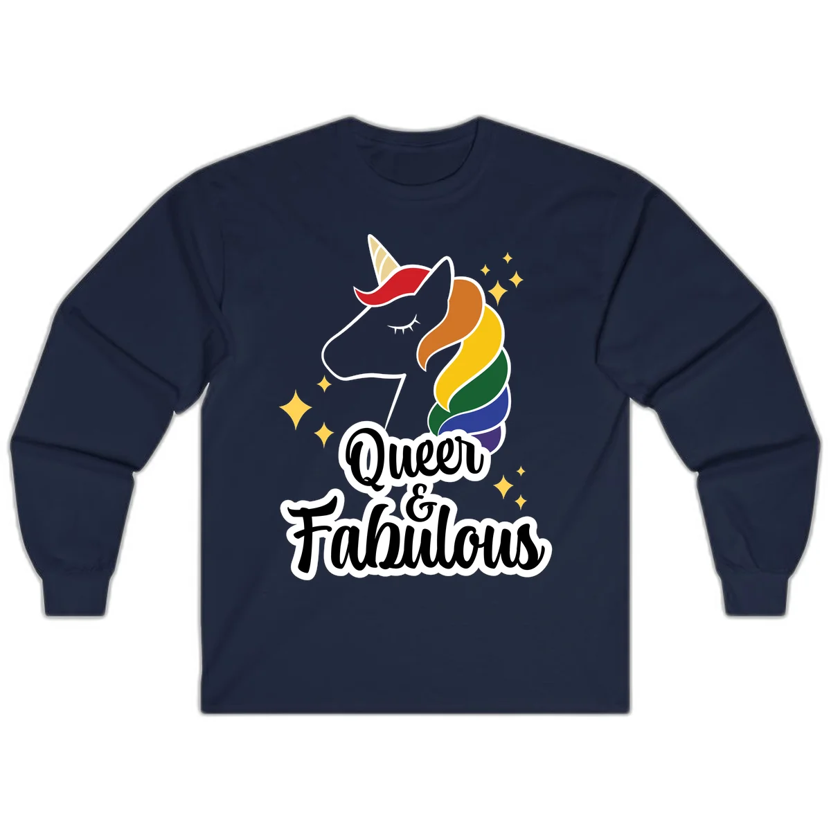 Queen and Fabulous unicorn with rainbow mane and gold horn, surrounded by stars in Navy