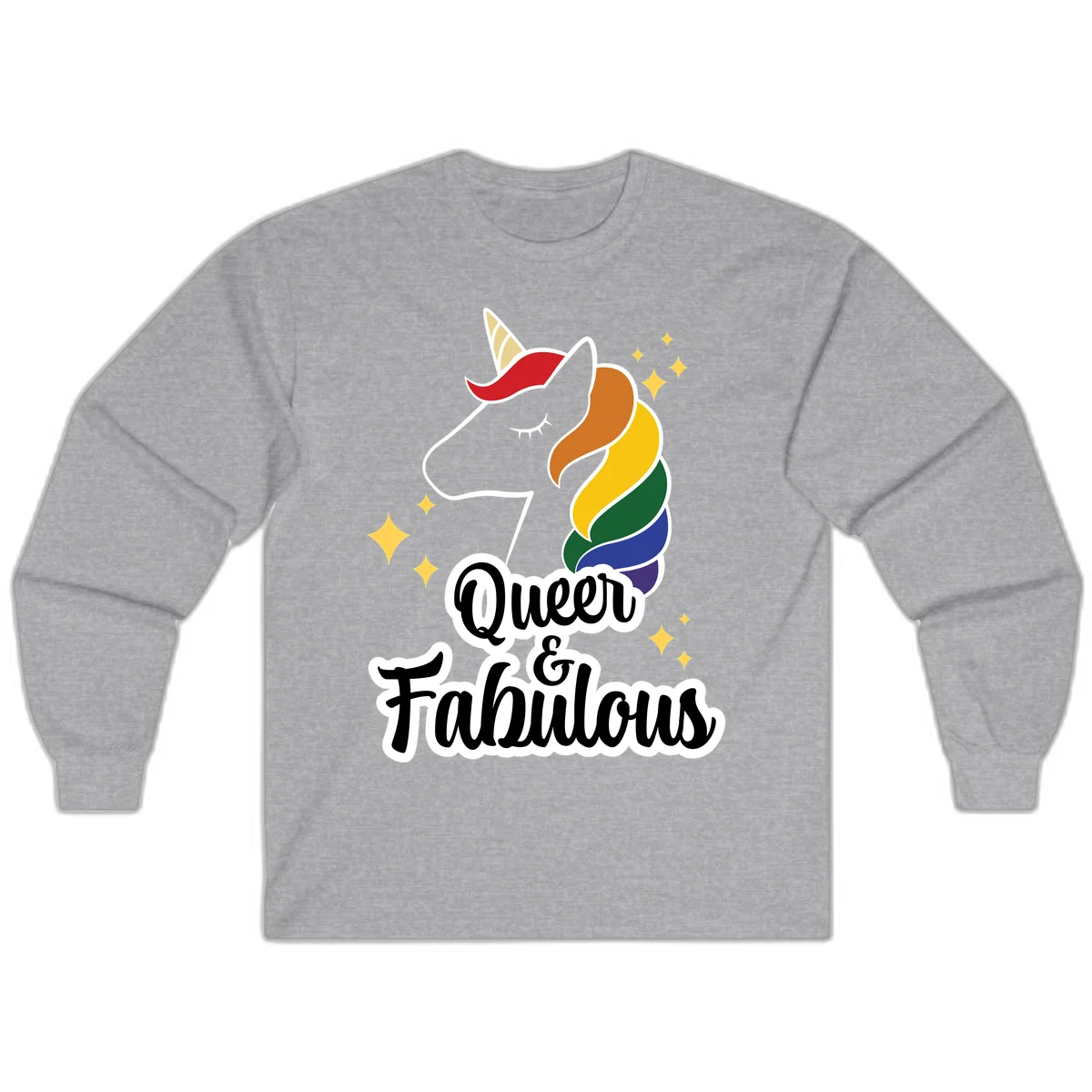 Queen and Fabulous unicorn with rainbow mane and gold horn, surrounded by stars in Sport Grey