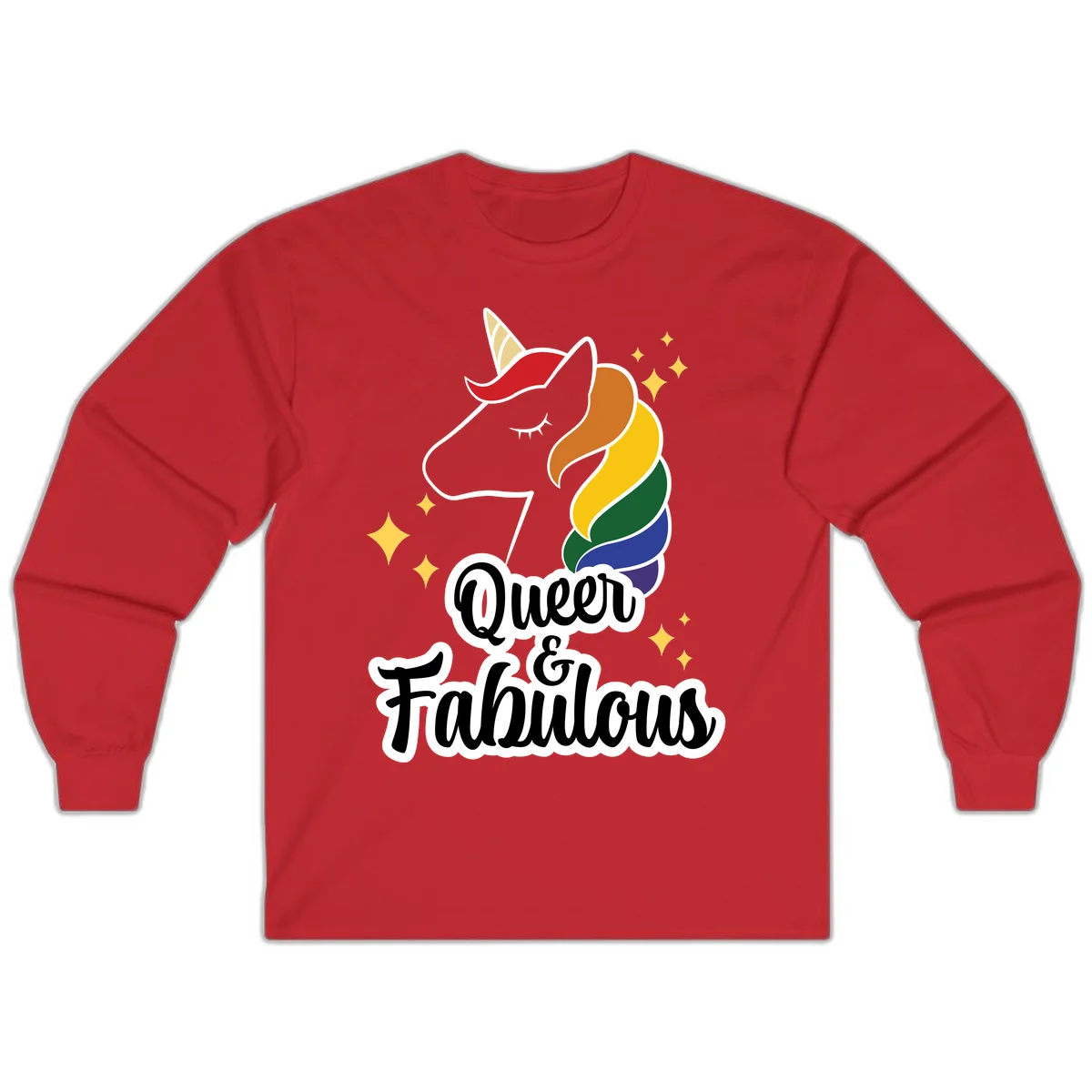 Queen and Fabulous unicorn with rainbow mane and gold horn, surrounded by stars in Red