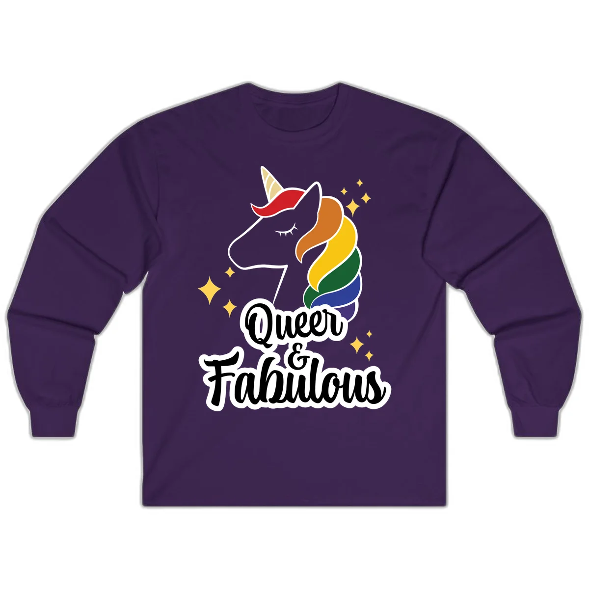 Queen and Fabulous unicorn with rainbow mane and gold horn, surrounded by stars in Purple