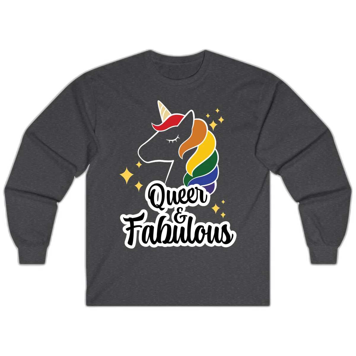 Queen and Fabulous unicorn with rainbow mane and gold horn, surrounded by stars in Dark Heather
