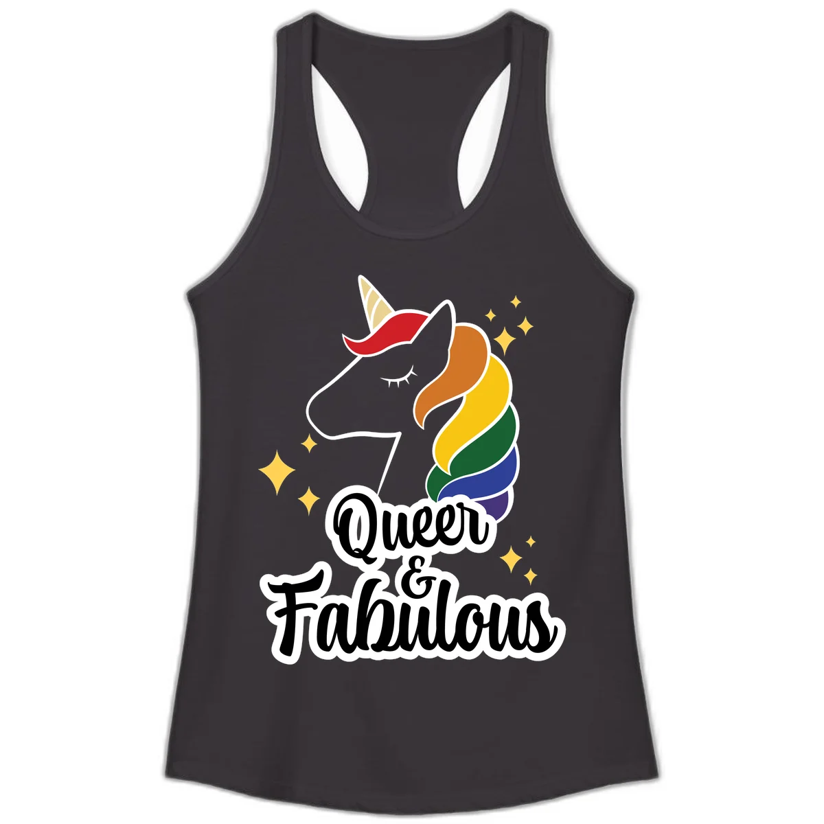 Queen and Fabulous unicorn with rainbow mane and gold horn, surrounded by stars in Black