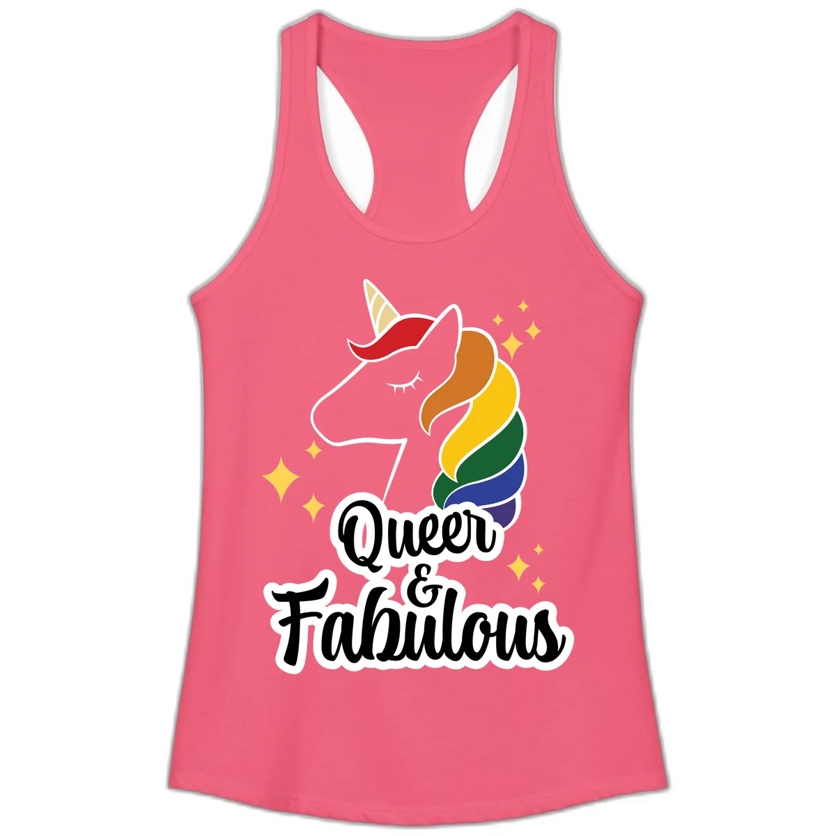 Queen and Fabulous unicorn with rainbow mane and gold horn, surrounded by stars in Hot Pink
