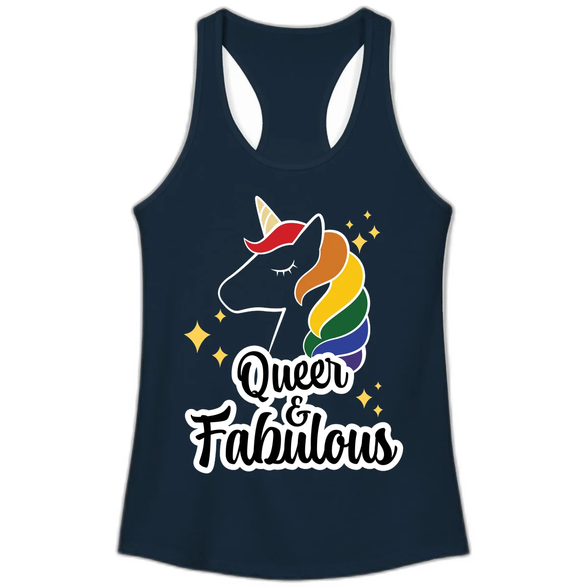 Queen and Fabulous unicorn with rainbow mane and gold horn, surrounded by stars in Solid Midnight Navy
