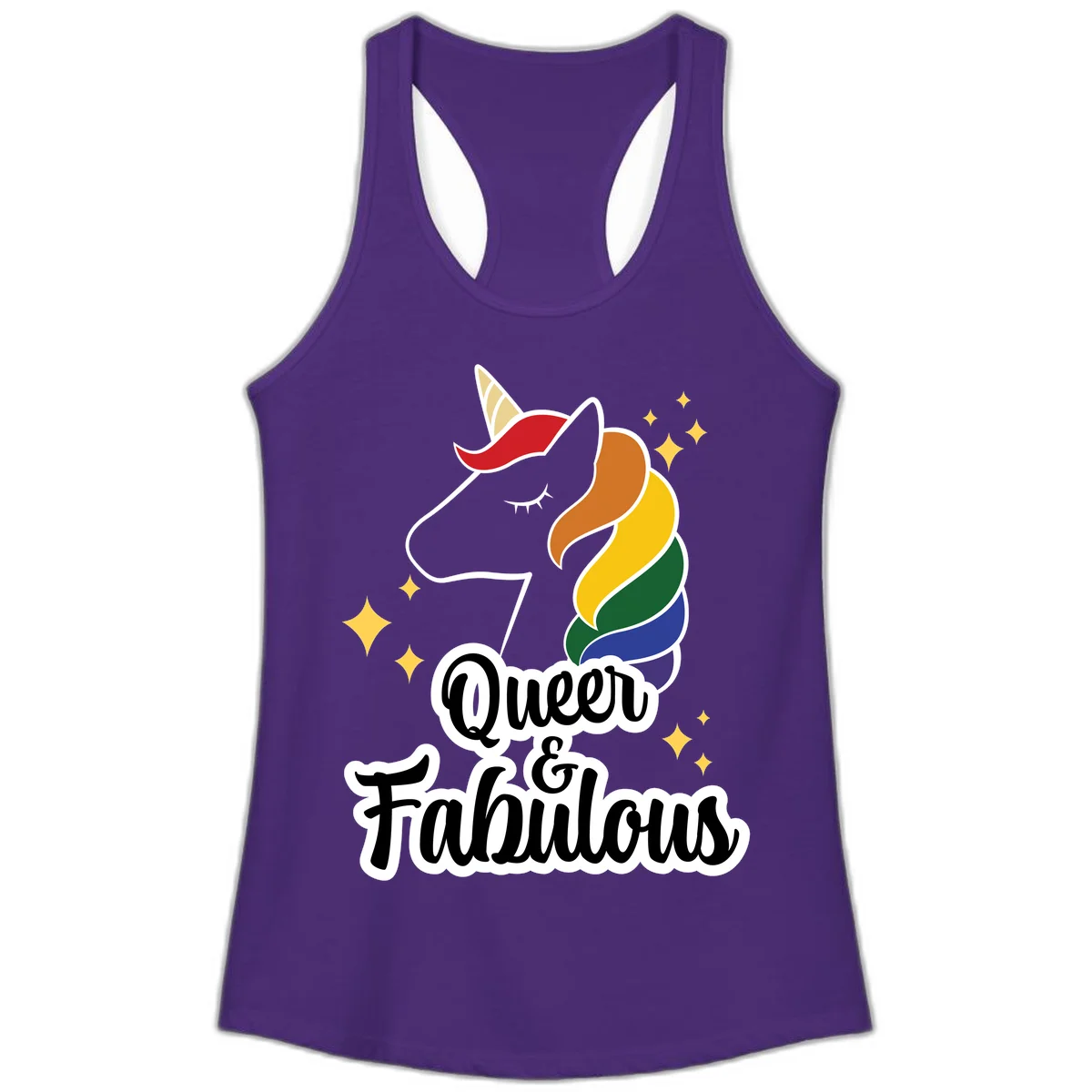 Queen and Fabulous unicorn with rainbow mane and gold horn, surrounded by stars in Solid Purple Rush
