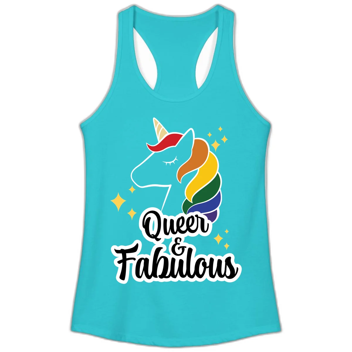 Queen and Fabulous unicorn with rainbow mane and gold horn, surrounded by stars in Solid Tahiti Blue