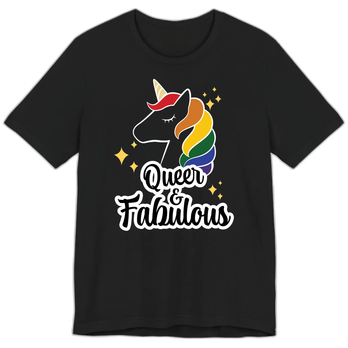 Queen and Fabulous unicorn with rainbow mane and gold horn, surrounded by stars in Black