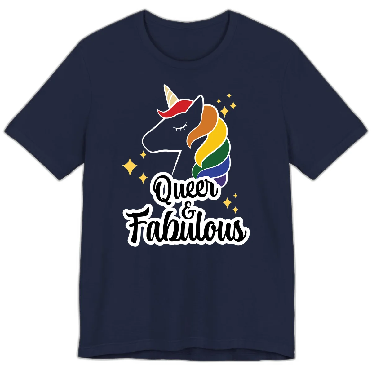 Queen and Fabulous unicorn with rainbow mane and gold horn, surrounded by stars in Navy