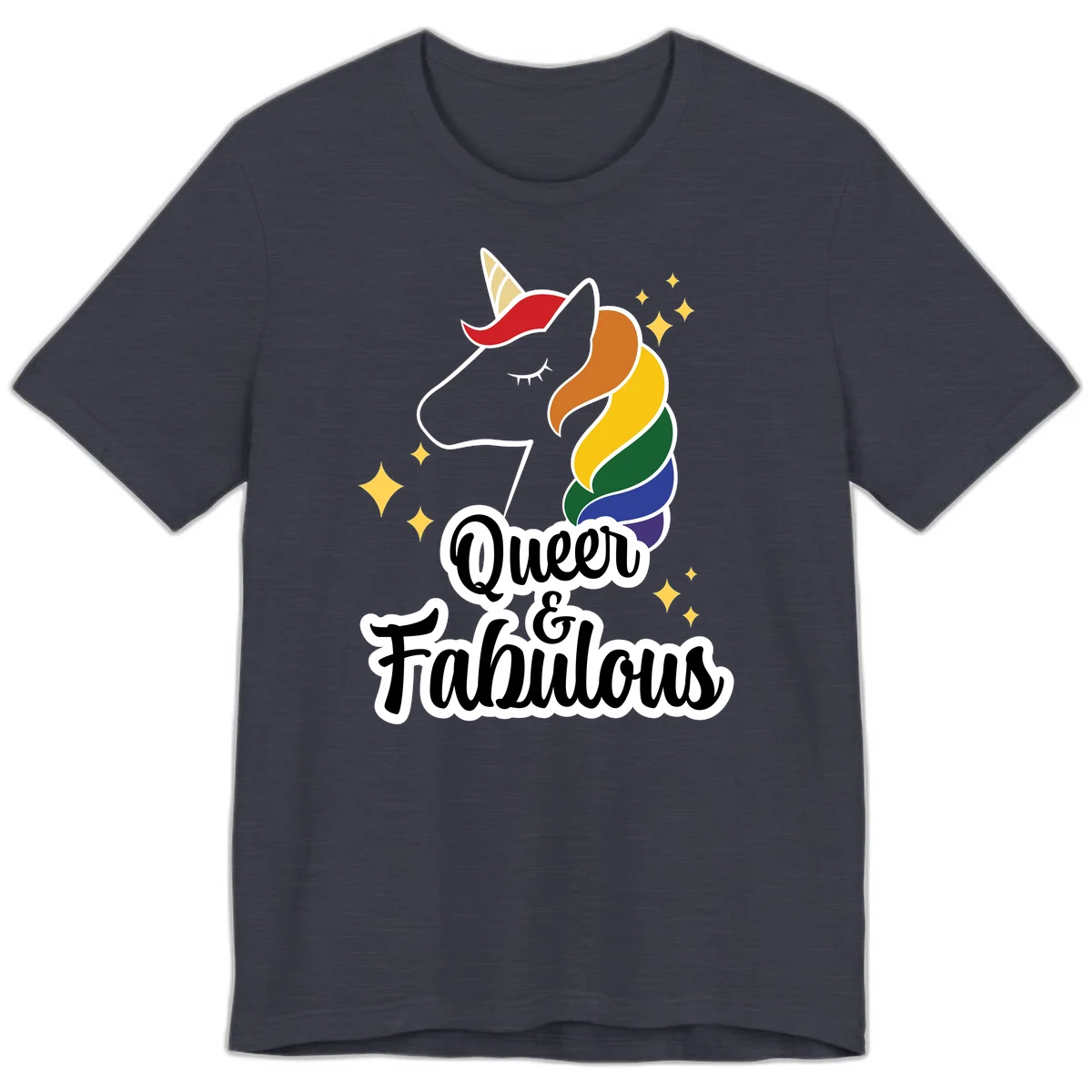 Queen and Fabulous unicorn with rainbow mane and gold horn, surrounded by stars in Heather Midnight Navy