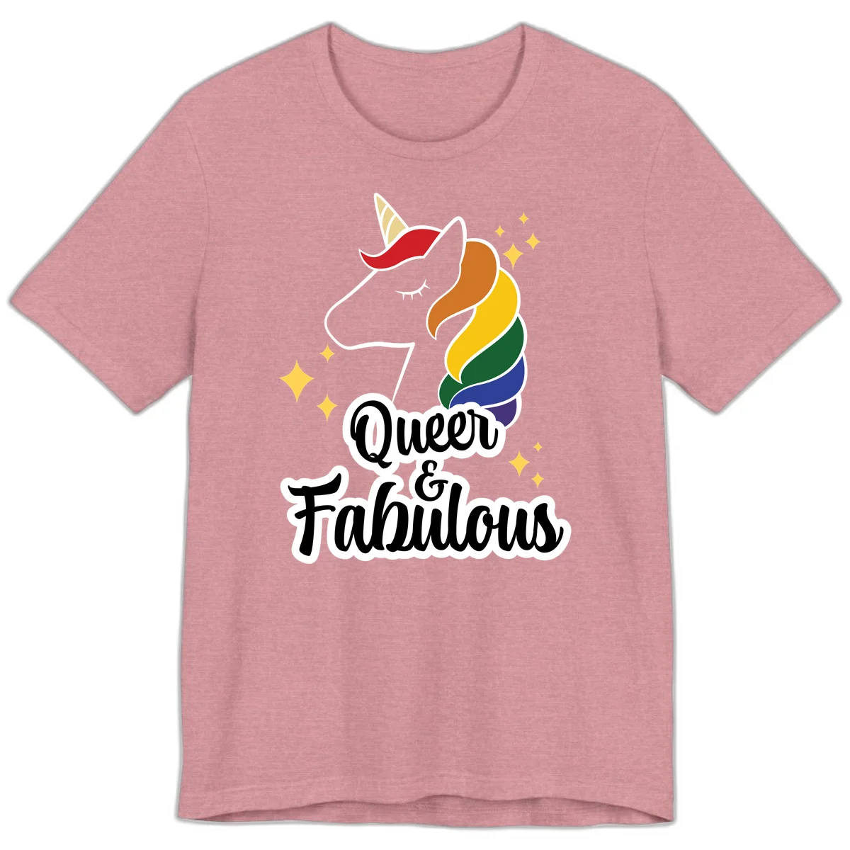 Queen and Fabulous unicorn with rainbow mane and gold horn, surrounded by stars in Heather Orchid