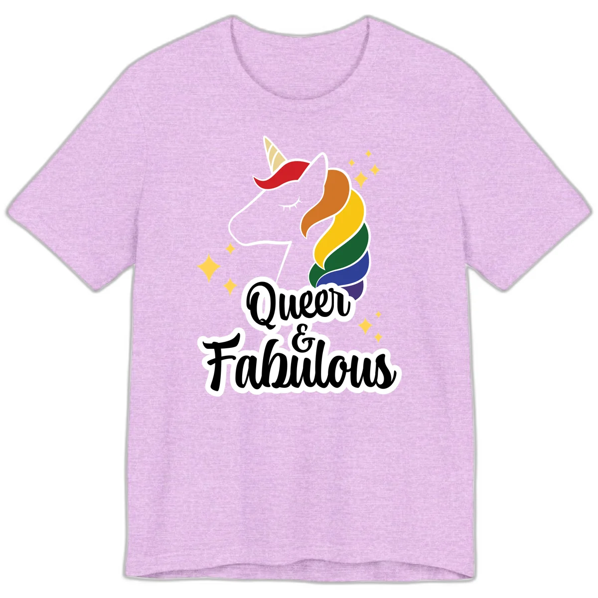 Queen and Fabulous unicorn with rainbow mane and gold horn, surrounded by stars in Heather Prism Lilac