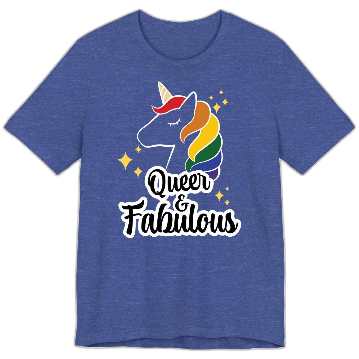 Queen and Fabulous unicorn with rainbow mane and gold horn, surrounded by stars in Heather True Royal