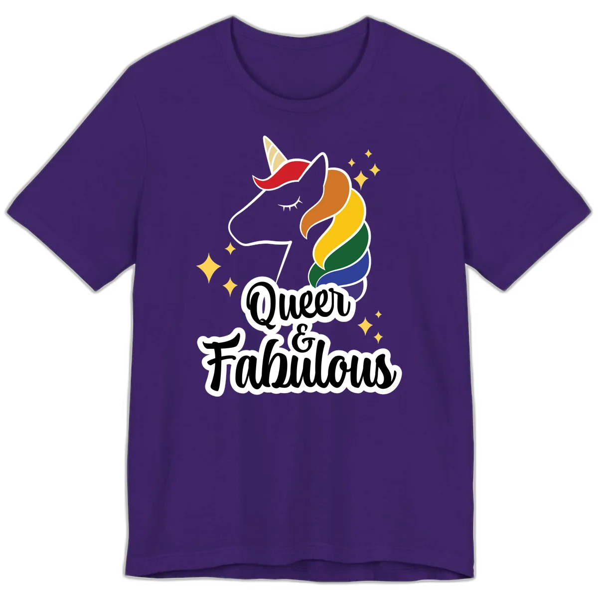 Queen and Fabulous unicorn with rainbow mane and gold horn, surrounded by stars in Team Purple