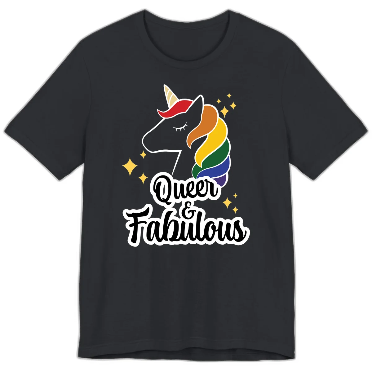 Queen and Fabulous unicorn with rainbow mane and gold horn, surrounded by stars in Vintage Black