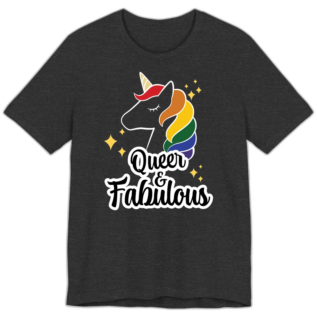 Queen and Fabulous unicorn with rainbow mane and gold horn, surrounded by stars in Dark Grey Heather