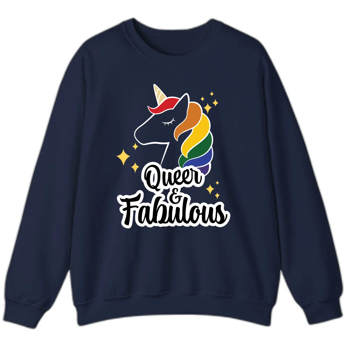Queen and Fabulous unicorn with rainbow mane and gold horn, surrounded by stars in Navy