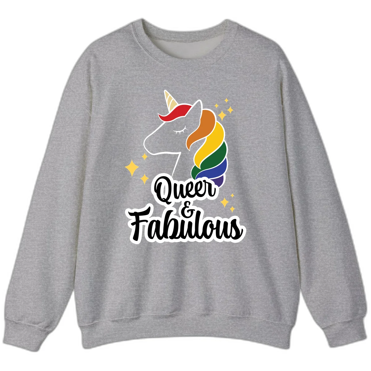 Queen and Fabulous unicorn with rainbow mane and gold horn, surrounded by stars in Sport Grey