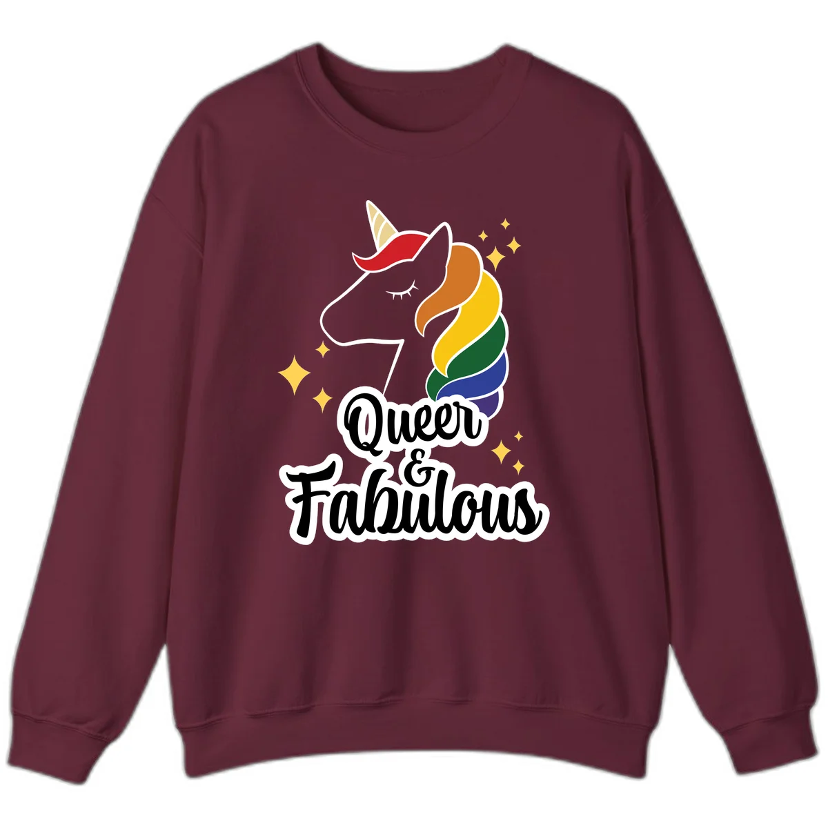 Queen and Fabulous unicorn with rainbow mane and gold horn, surrounded by stars in Maroon