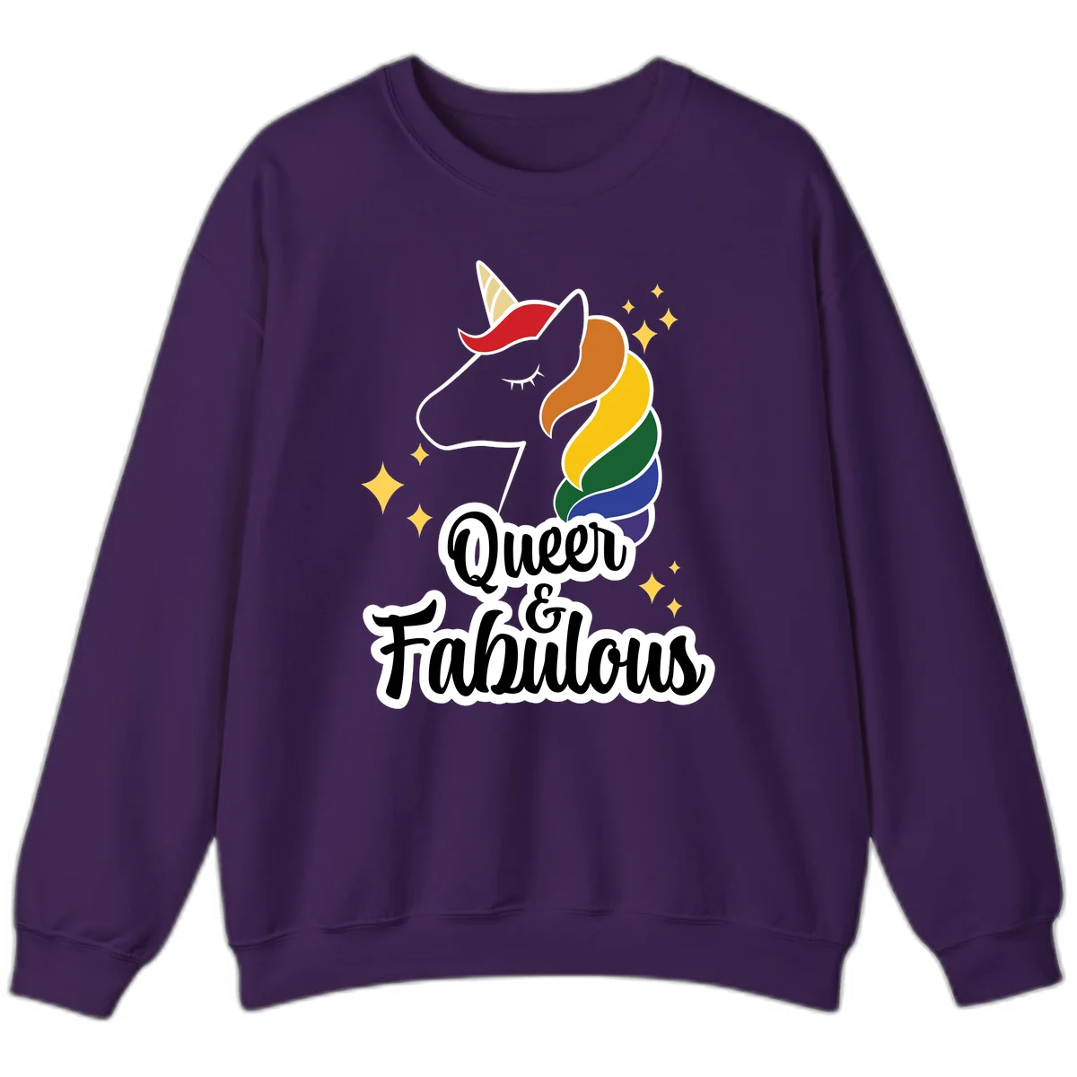 Queen and Fabulous unicorn with rainbow mane and gold horn, surrounded by stars in Purple