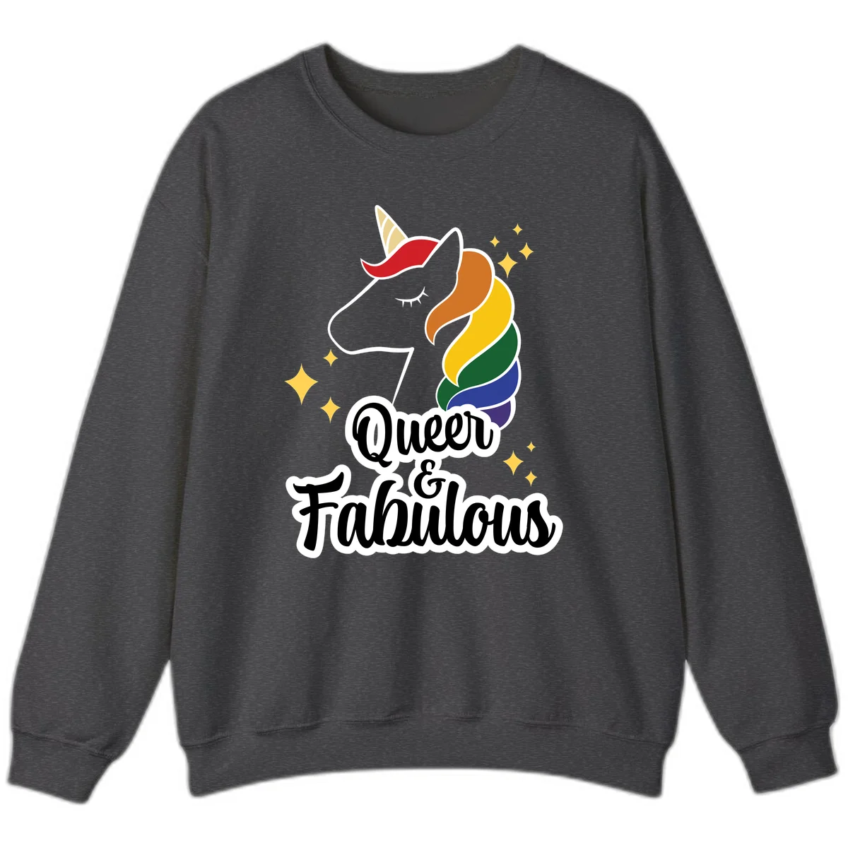 Queen and Fabulous unicorn with rainbow mane and gold horn, surrounded by stars in Dark Heather
