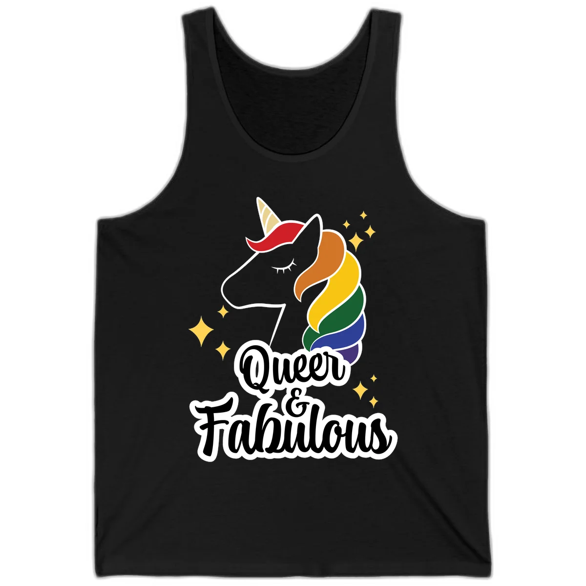 Queen and Fabulous unicorn with rainbow mane and gold horn, surrounded by stars in Black