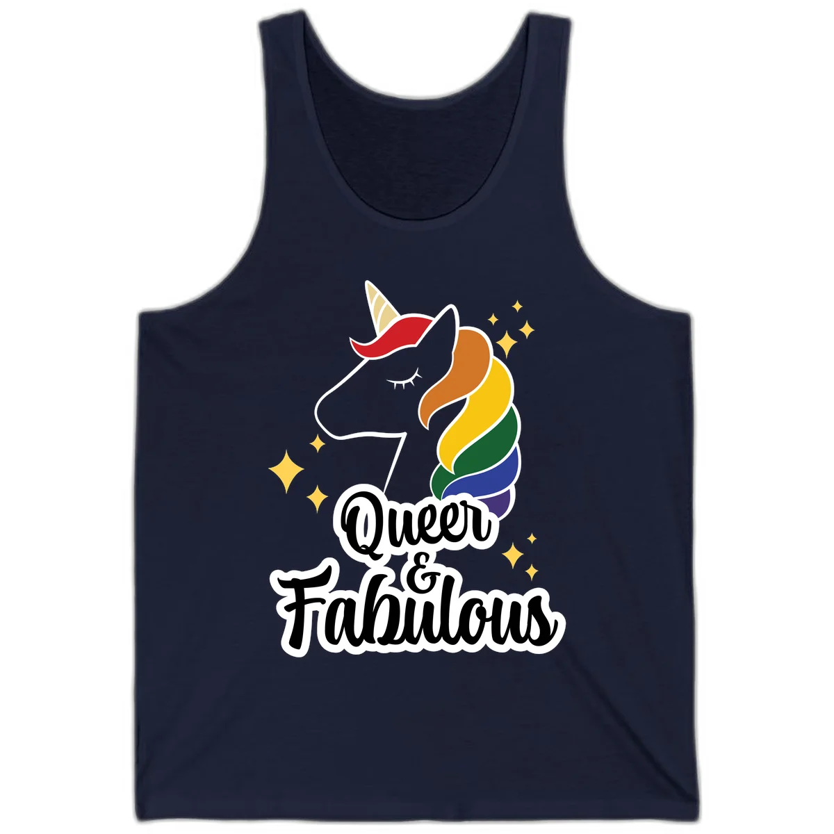 Queen and Fabulous unicorn with rainbow mane and gold horn, surrounded by stars in Navy