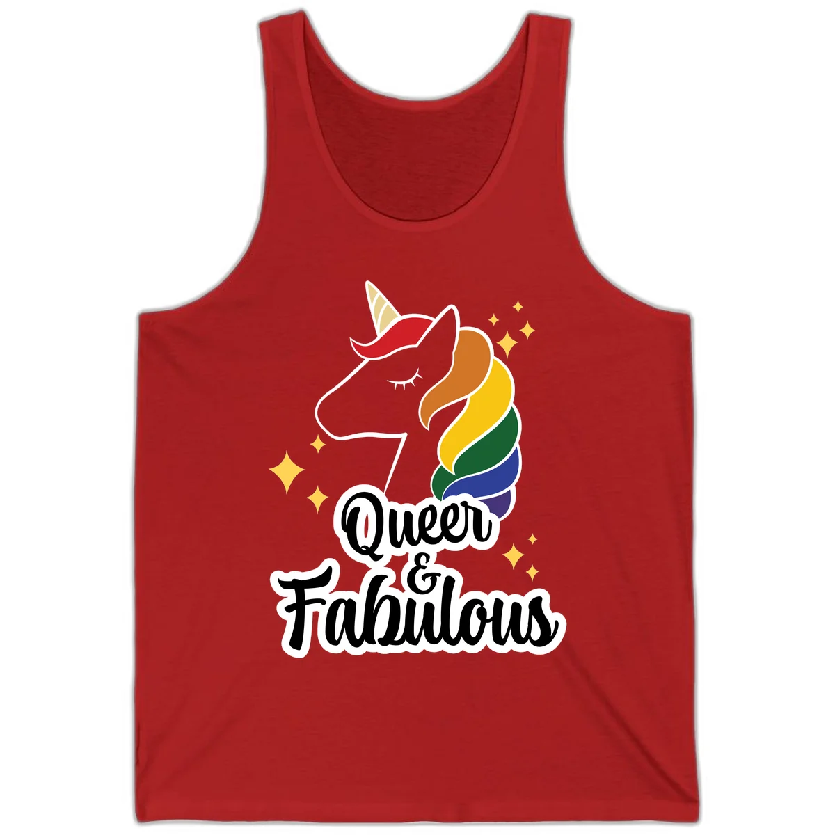 Queen and Fabulous unicorn with rainbow mane and gold horn, surrounded by stars in Red