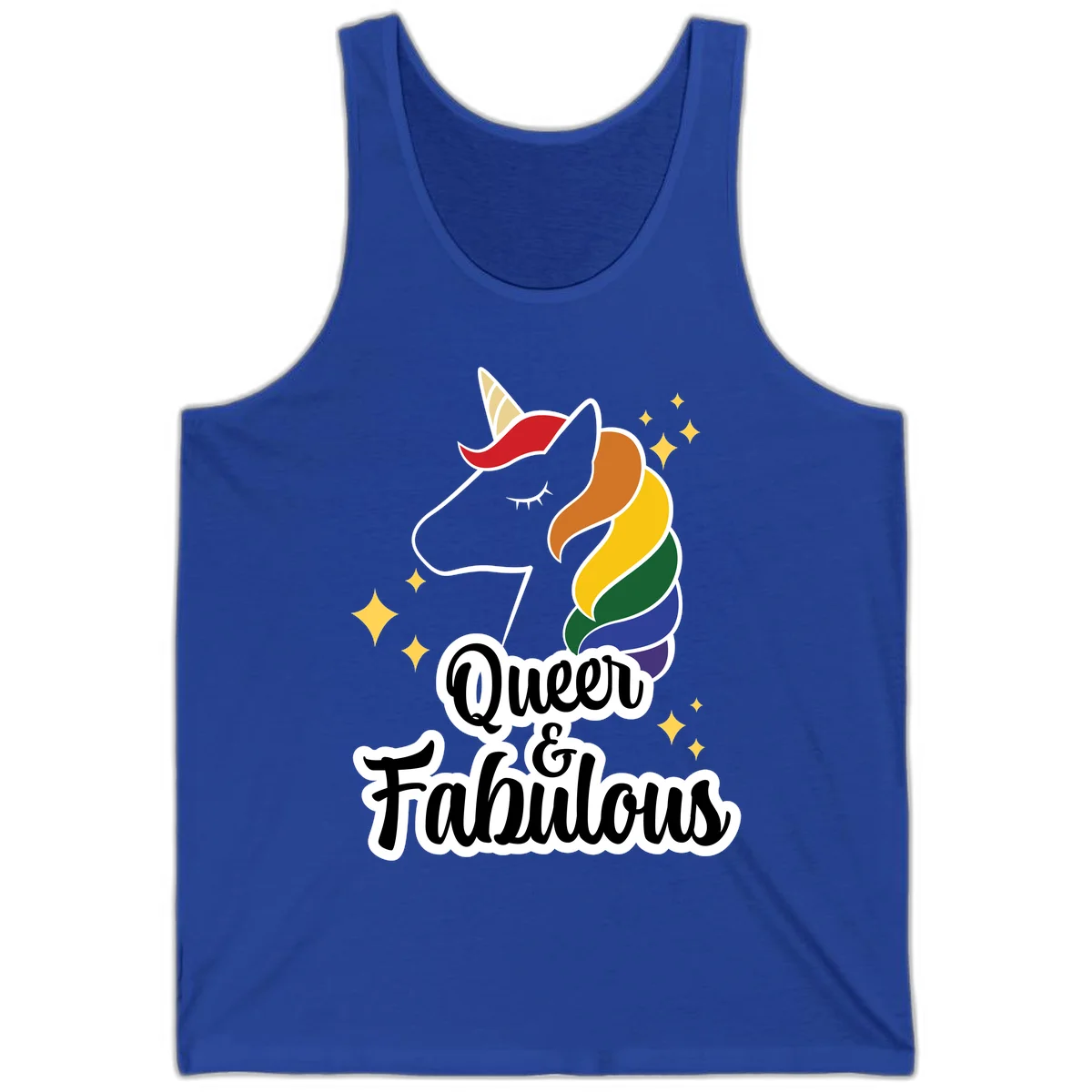 Queen and Fabulous unicorn with rainbow mane and gold horn, surrounded by stars in True Royal