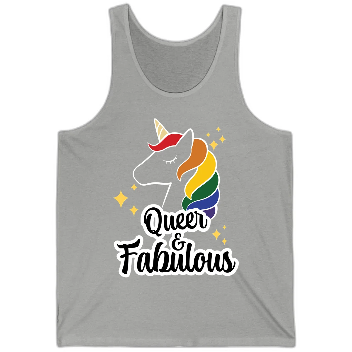 Queen and Fabulous unicorn with rainbow mane and gold horn, surrounded by stars in Athletic Heather