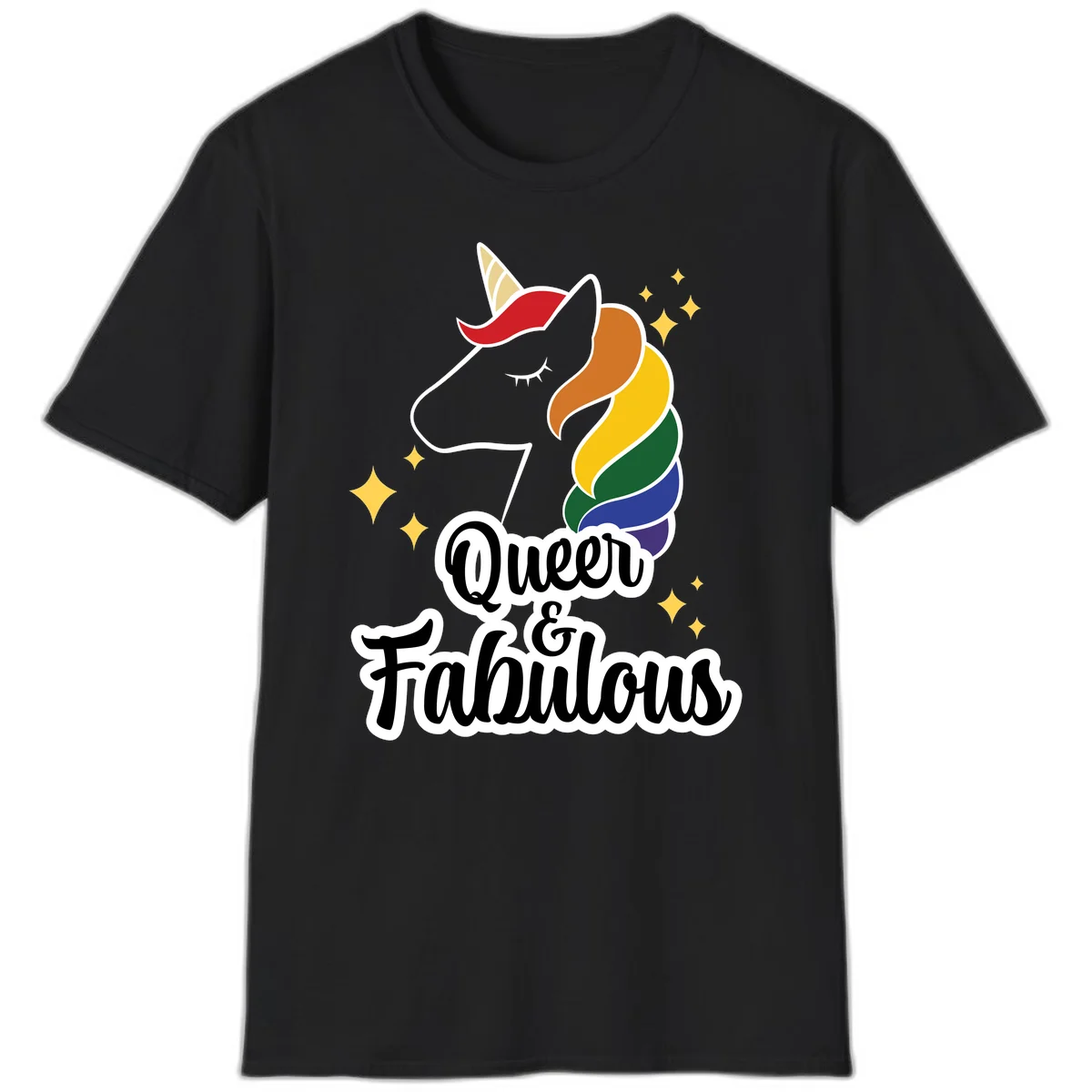 Queen and Fabulous unicorn with rainbow mane and gold horn, surrounded by stars in Black