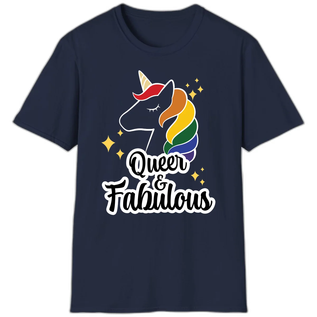 Queen and Fabulous unicorn with rainbow mane and gold horn, surrounded by stars in Navy