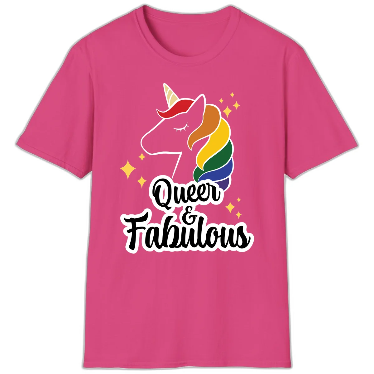 Queen and Fabulous unicorn with rainbow mane and gold horn, surrounded by stars in Heliconia