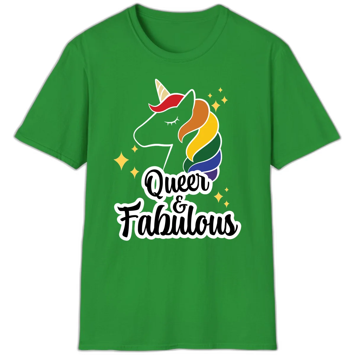 Queen and Fabulous unicorn with rainbow mane and gold horn, surrounded by stars in Irish Green