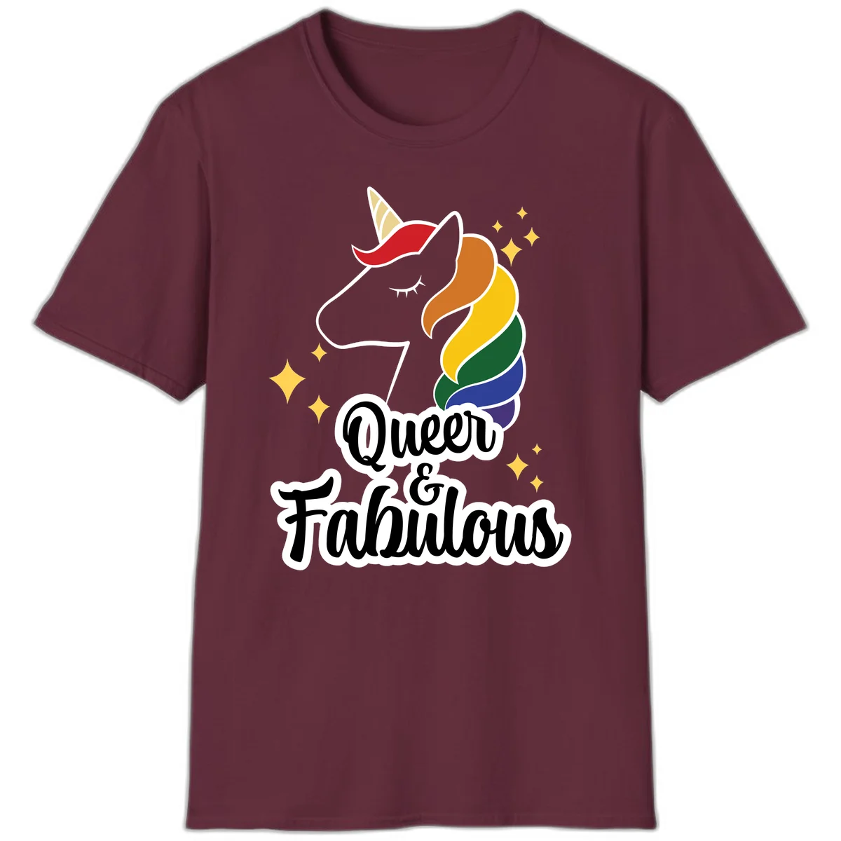 Queen and Fabulous unicorn with rainbow mane and gold horn, surrounded by stars in Maroon