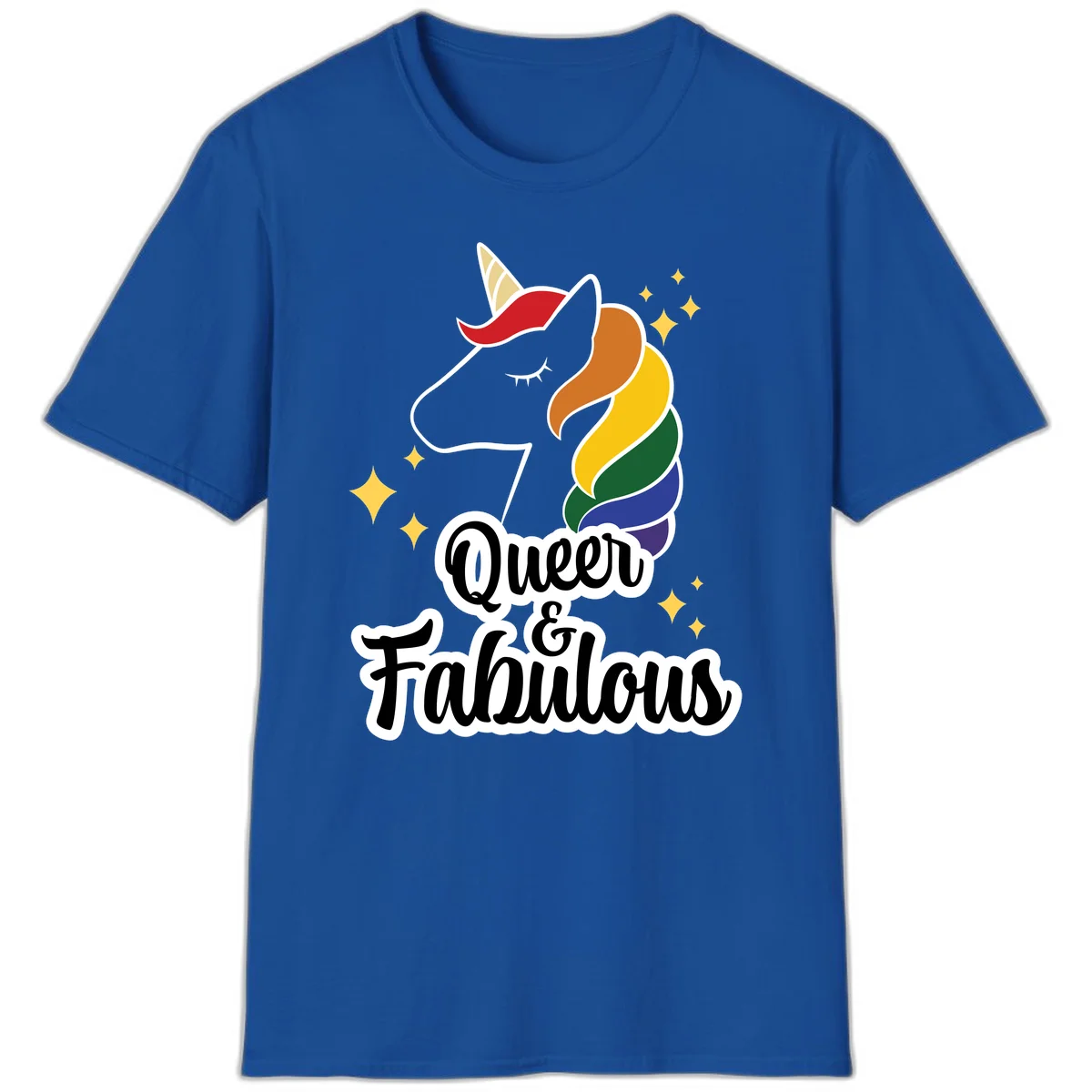 Queen and Fabulous unicorn with rainbow mane and gold horn, surrounded by stars in Royal
