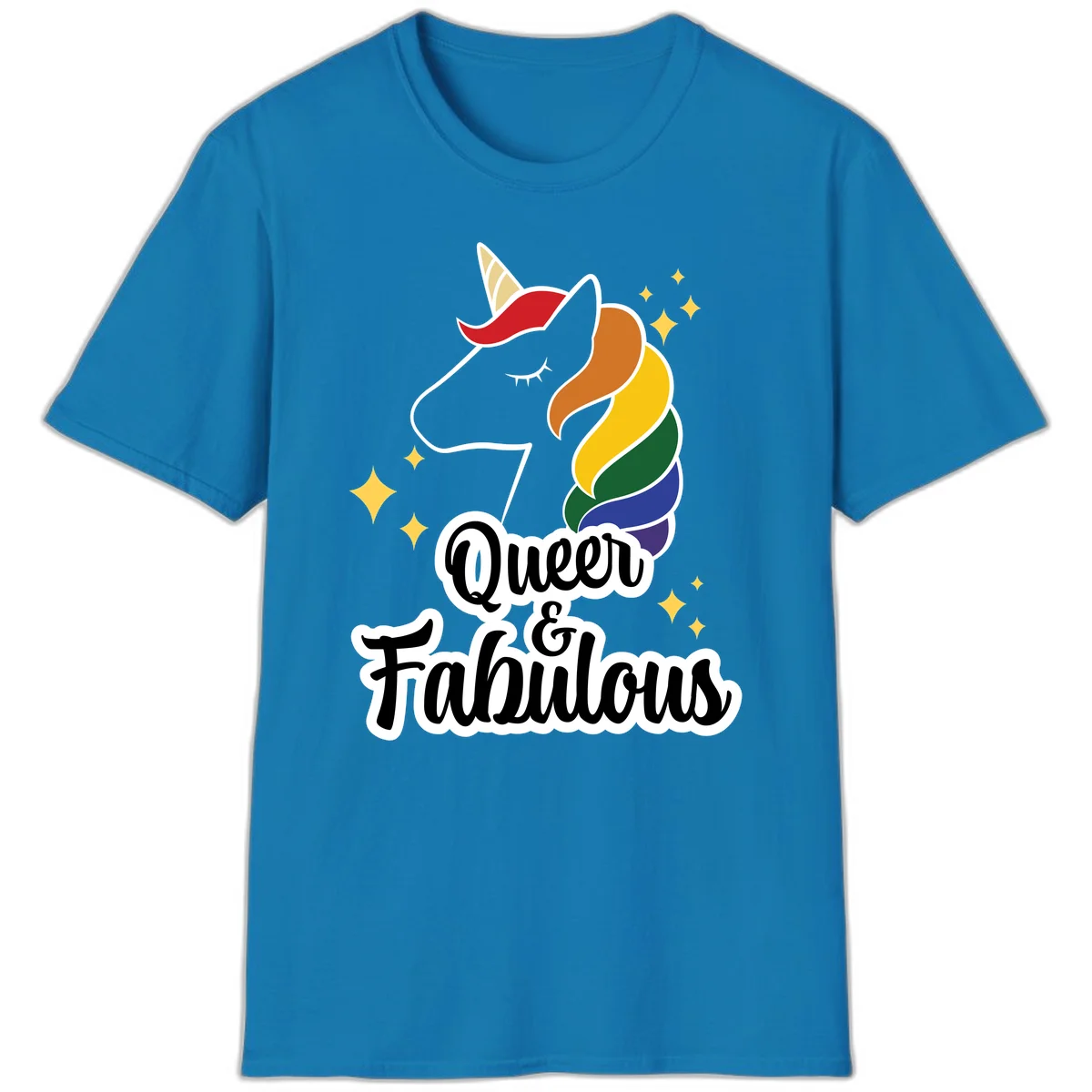 Queen and Fabulous unicorn with rainbow mane and gold horn, surrounded by stars in Sapphire