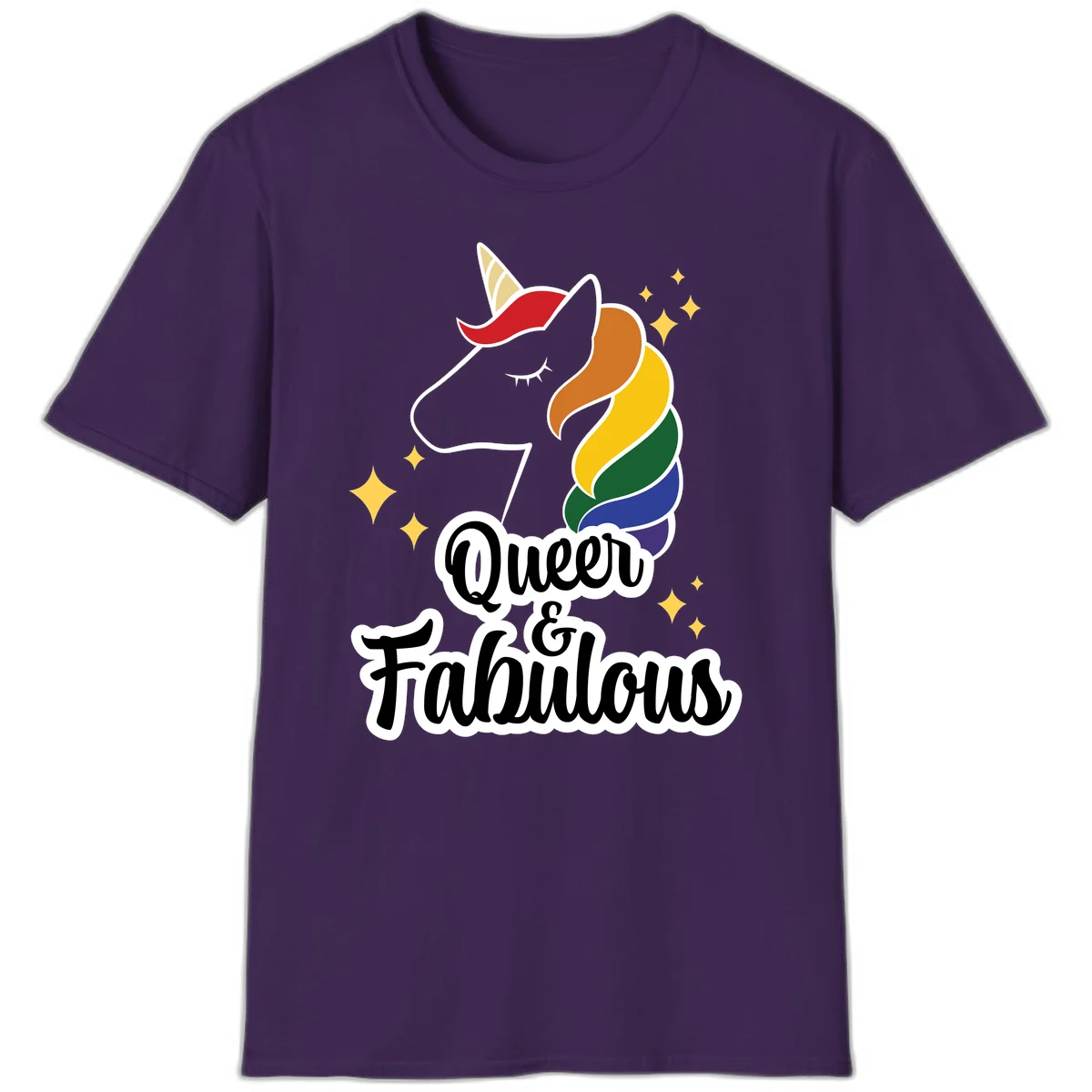 Queen and Fabulous unicorn with rainbow mane and gold horn, surrounded by stars in Purple
